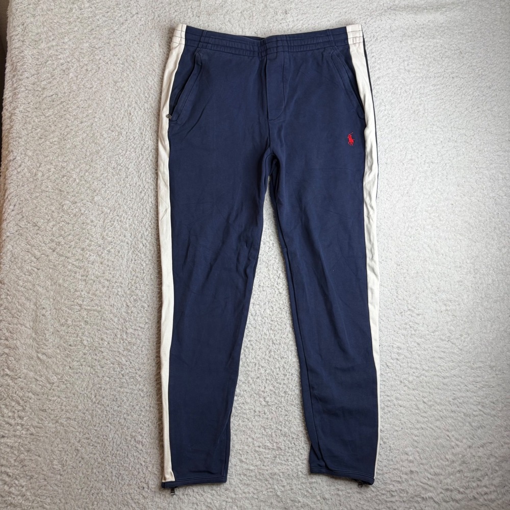 Polo Ralph Lauren Navy Blue White Stripe Track Pants Ankle Zip Joggers Mens S